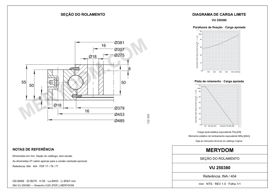 Desenho CAD do rolamento de giro de substituição MERYDOM para INA VU 250380, com dimensões e furos de montagem.
