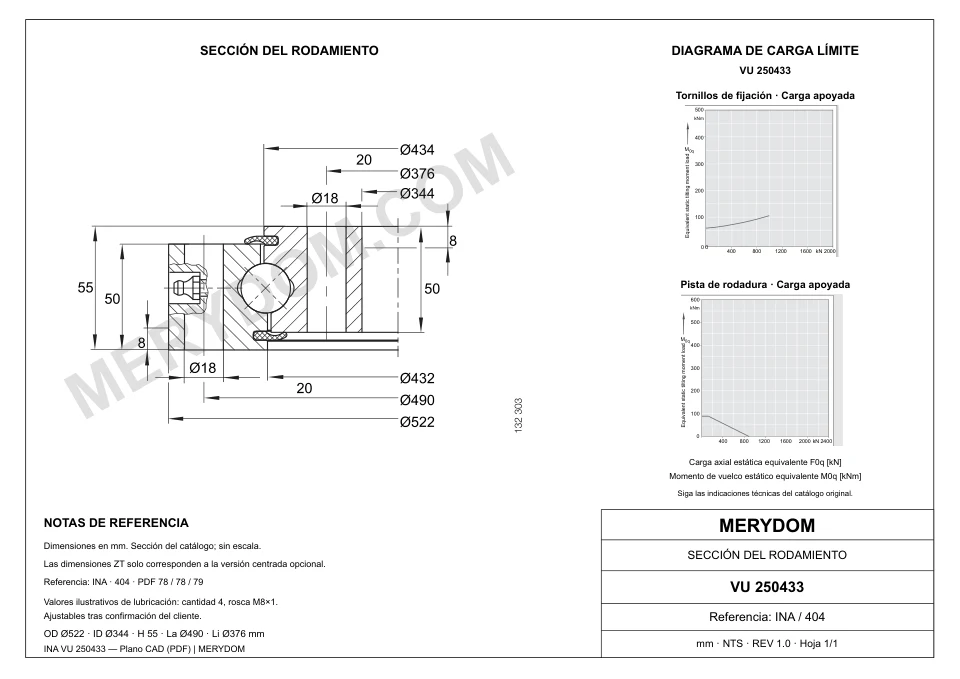 Plano CAD de la corona de giro de sustitución MERYDOM para INA VU 250433, con dimensiones y orificios de montaje.