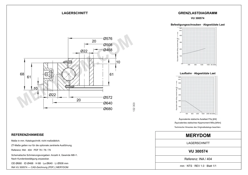 CAD-Zeichnung des MERYDOM-Ersatzdrehkranzes für INA VU 300574 mit Abmessungen und Befestigungsbohrungen.