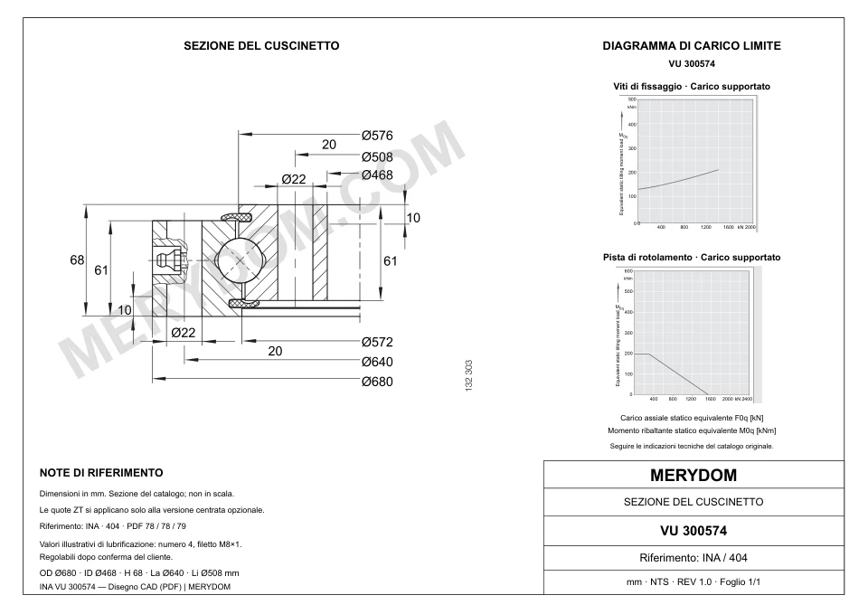 Disegno CAD del cuscinetto di rotazione sostitutivo MERYDOM per INA VU 300574, con dimensioni e fori di montaggio.