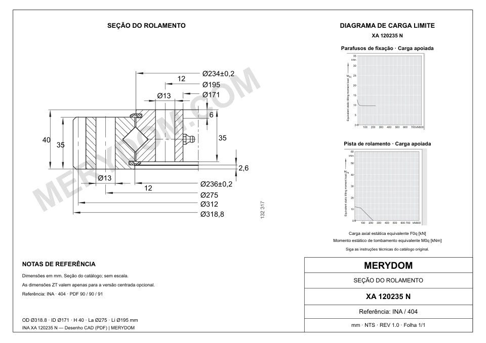 Desenho CAD do rolamento de giro de substituição MERYDOM para INA XA 120235 N, com dimensões e furos de montagem.