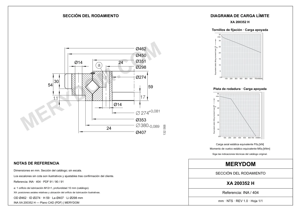 Plano CAD de la corona de giro de sustitución MERYDOM para INA XA 200352 H, con dimensiones y orificios de montaje.