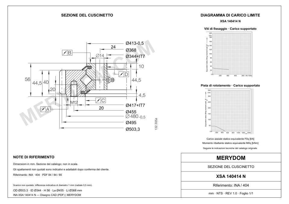 Disegno CAD del cuscinetto di rotazione sostitutivo MERYDOM per INA XSA 140414 N, con dimensioni e fori di montaggio.