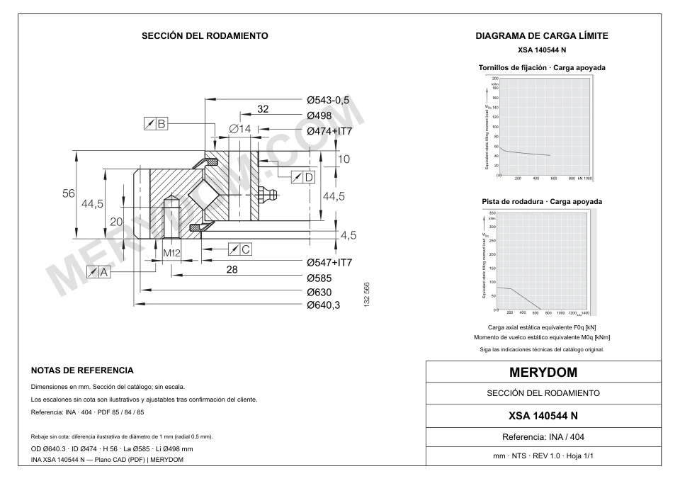 Plano CAD de la corona de giro de sustitución MERYDOM para INA XSA 140544 N, con dimensiones y orificios de montaje.