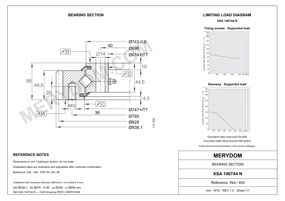 CAD drawing of the MERYDOM replacement slewing bearing for INA XSA 140744 N, showing dimensions and mounting holes.