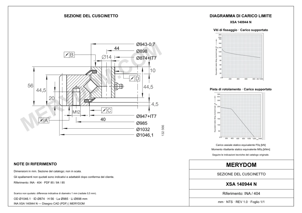 Disegno CAD del cuscinetto di rotazione sostitutivo MERYDOM per INA XSA 140944 N, con dimensioni e fori di montaggio.