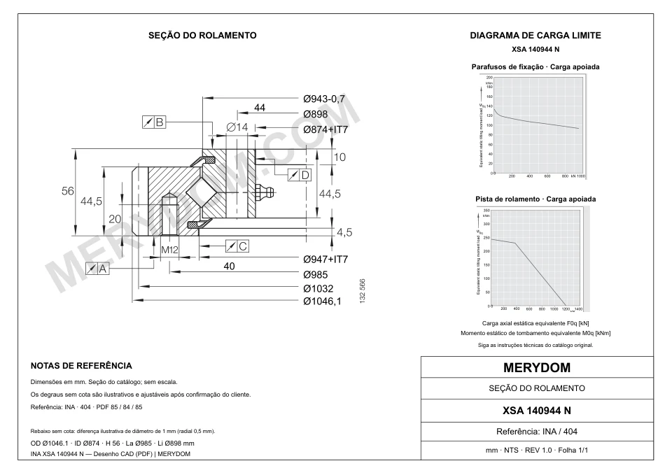 Desenho CAD do rolamento de giro de substituição MERYDOM para INA XSA 140944 N, com dimensões e furos de montagem.