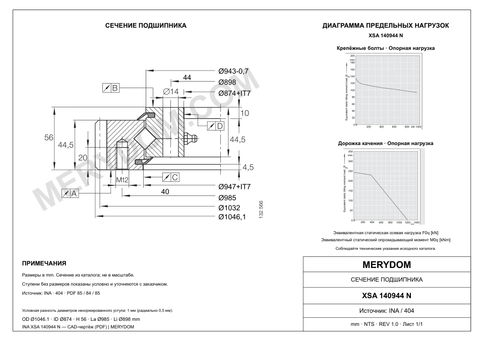 CAD-чертёж опорно-поворотного устройства MERYDOM для замены INA XSA 140944 N с размерами и монтажными отверстиями.