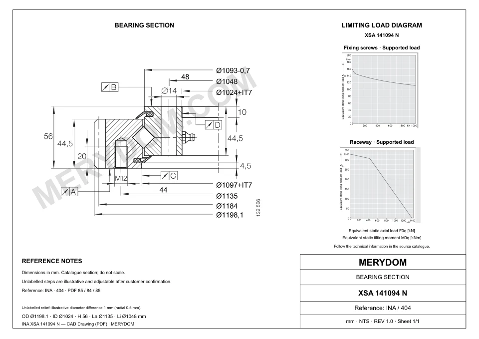 CAD drawing of the MERYDOM replacement slewing bearing for INA XSA 141094 N, showing dimensions and mounting holes.