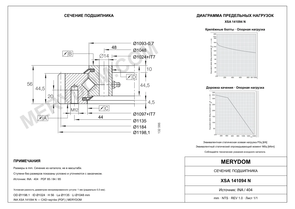 CAD-чертёж опорно-поворотного устройства MERYDOM для замены INA XSA 141094 N с размерами и монтажными отверстиями.
