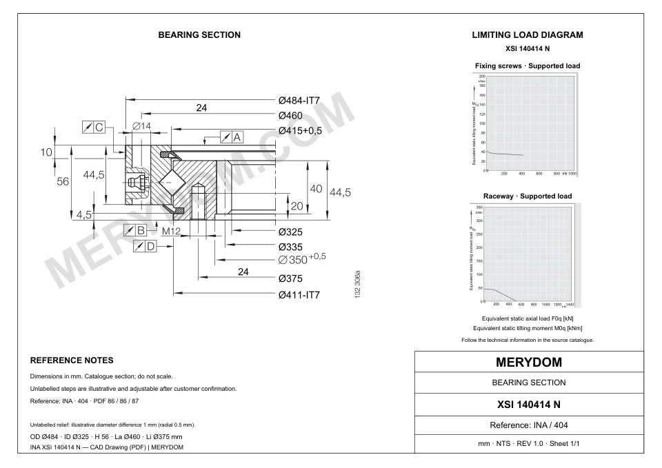 CAD drawing of the MERYDOM replacement slewing bearing for INA XSI 140414 N, showing dimensions and mounting holes.