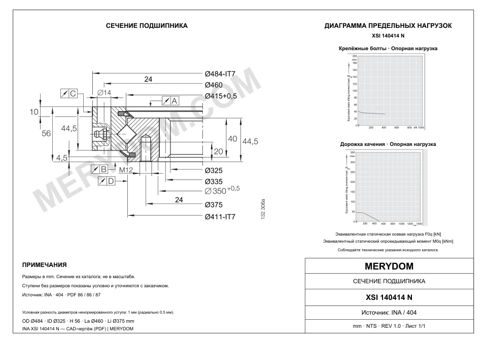 CAD-чертёж опорно-поворотного устройства MERYDOM для замены INA XSI 140414 N с размерами и монтажными отверстиями.