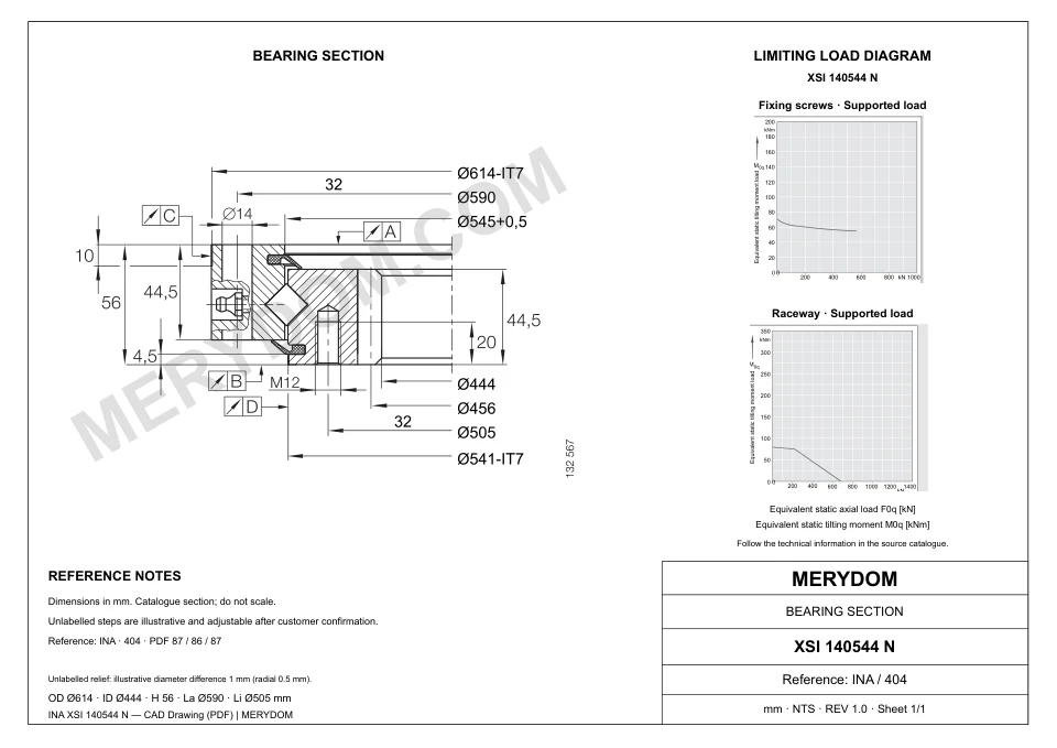 CAD drawing of the MERYDOM replacement slewing bearing for INA XSI 140544 N, showing dimensions and mounting holes.