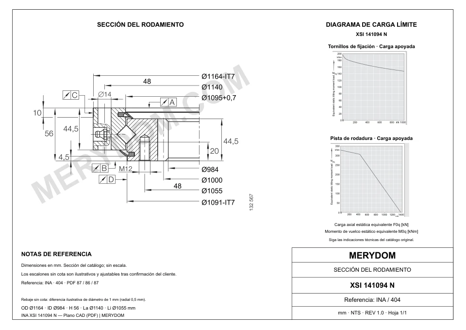 Plano CAD de la corona de giro de sustitución MERYDOM para INA XSI 141094 N, con dimensiones y orificios de montaje.