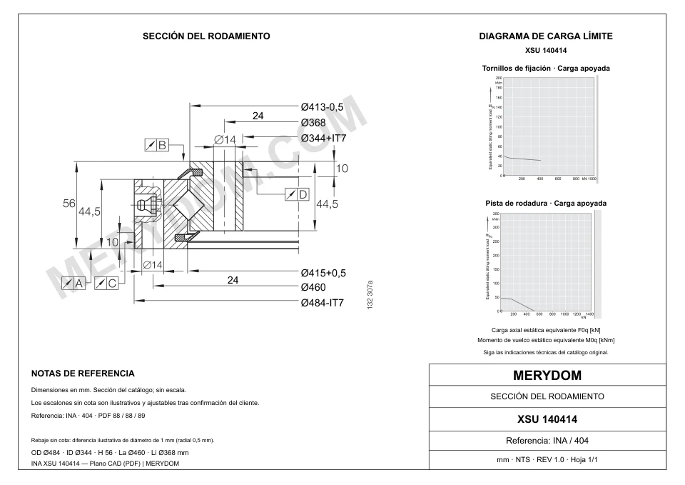 Plano CAD de la corona de giro de sustitución MERYDOM para INA XSU 140414, con dimensiones y orificios de montaje.