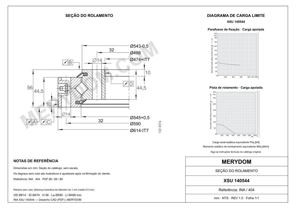 Desenho CAD do rolamento de giro de substituição MERYDOM para INA XSU 140544, com dimensões e furos de montagem.