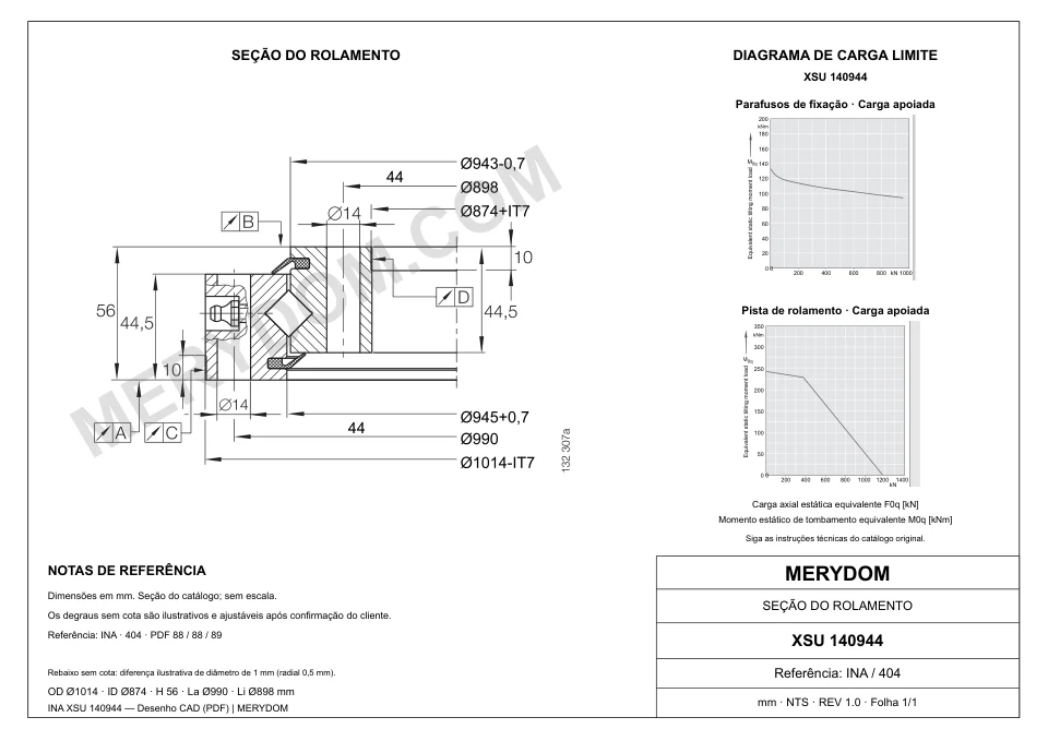 Desenho CAD do rolamento de giro de substituição MERYDOM para INA XSU 140944, com dimensões e furos de montagem.