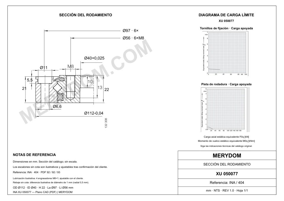 Plano CAD de la corona de giro de sustitución MERYDOM para INA XU 050077, con dimensiones y orificios de montaje.