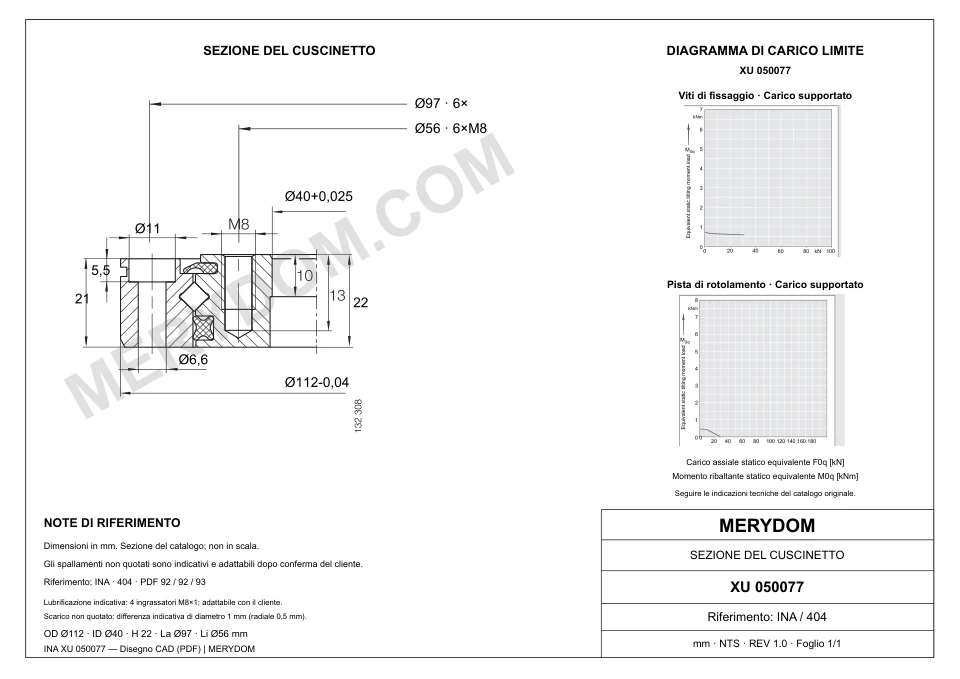 Disegno CAD del cuscinetto di rotazione sostitutivo MERYDOM per INA XU 050077, con dimensioni e fori di montaggio.