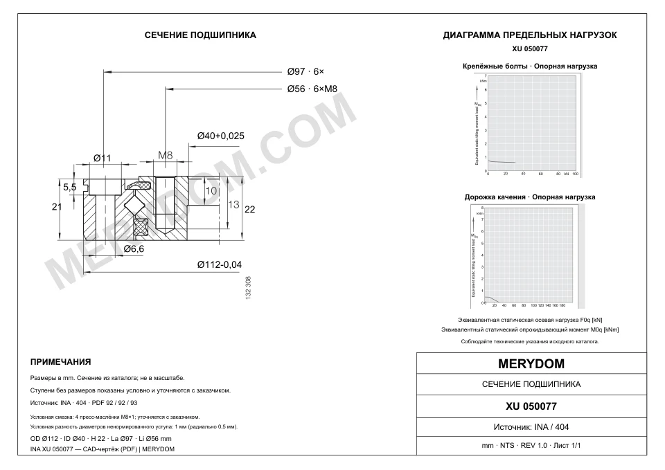 CAD-чертёж опорно-поворотного устройства MERYDOM для замены INA XU 050077 с размерами и монтажными отверстиями.