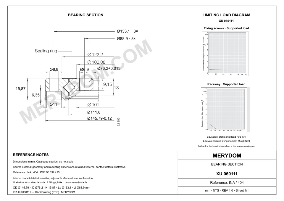 CAD drawing of the MERYDOM replacement slewing bearing for INA XU 060111, showing dimensions and mounting holes.