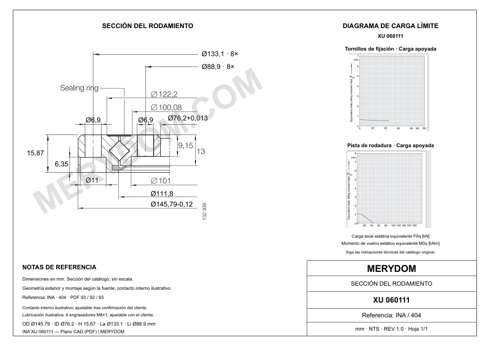 Plano CAD de la corona de giro de sustitución MERYDOM para INA XU 060111, con dimensiones y orificios de montaje.