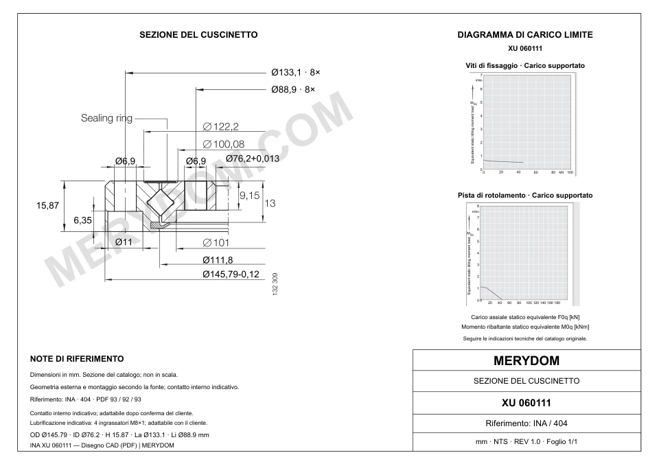 Disegno CAD del cuscinetto di rotazione sostitutivo MERYDOM per INA XU 060111, con dimensioni e fori di montaggio.