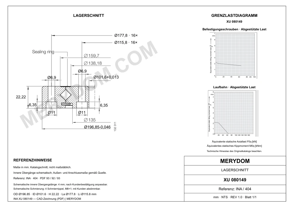 CAD-Zeichnung des MERYDOM-Ersatzdrehkranzes für INA XU 080149 mit Abmessungen und Befestigungsbohrungen.