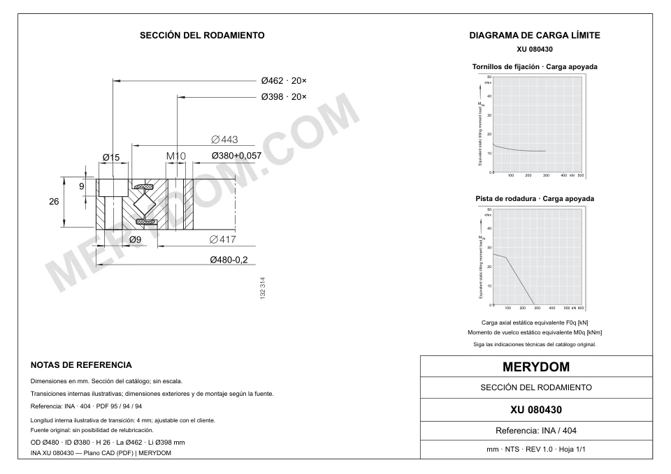 Plano CAD de la corona de giro de sustitución MERYDOM para INA XU 080430, con dimensiones y orificios de montaje.