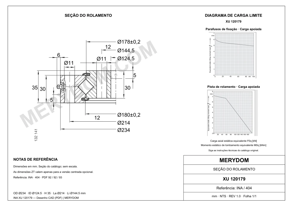 Desenho CAD do rolamento de giro de substituição MERYDOM para INA XU 120179, com dimensões e furos de montagem.