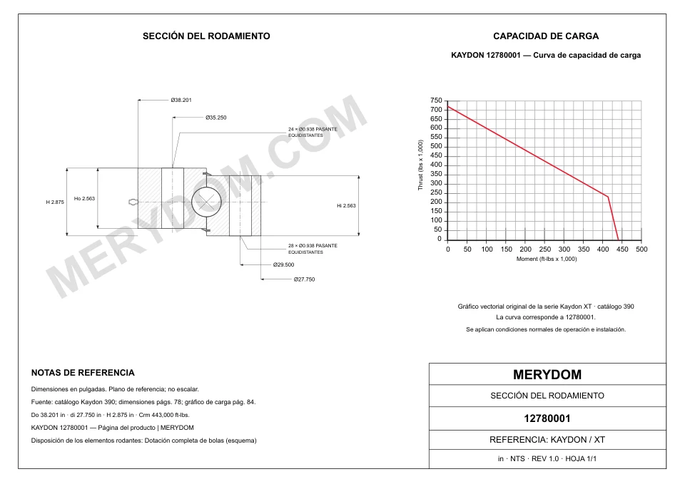 Plano CAD de la corona de giro de sustitución MERYDOM para KAYDON 12780001, con dimensiones y orificios de montaje.