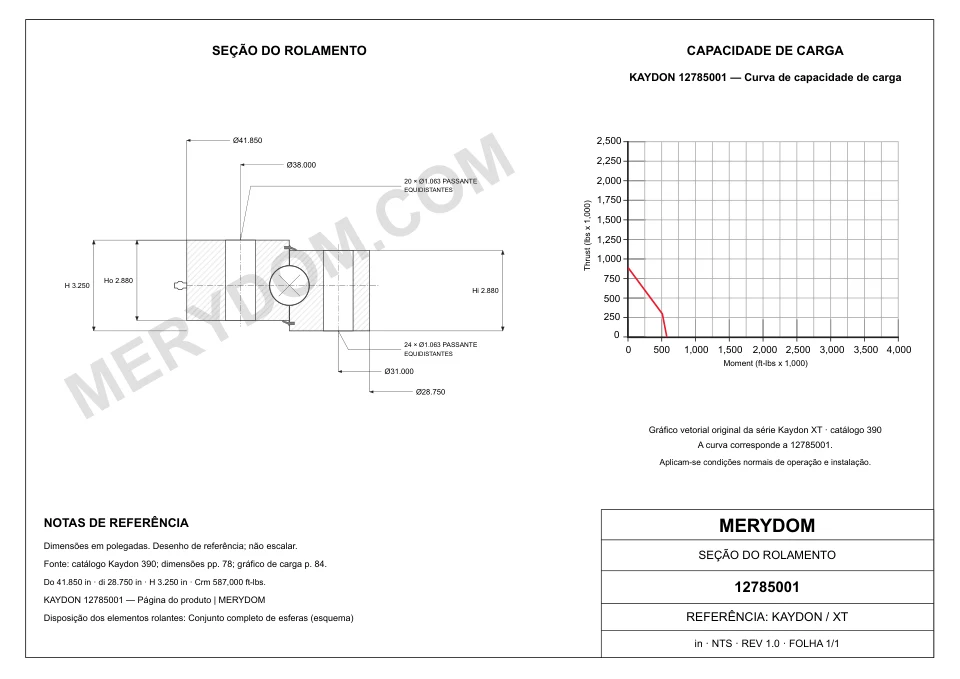 Desenho CAD do rolamento de giro de substituição MERYDOM para KAYDON 12785001, com dimensões e furos de montagem.