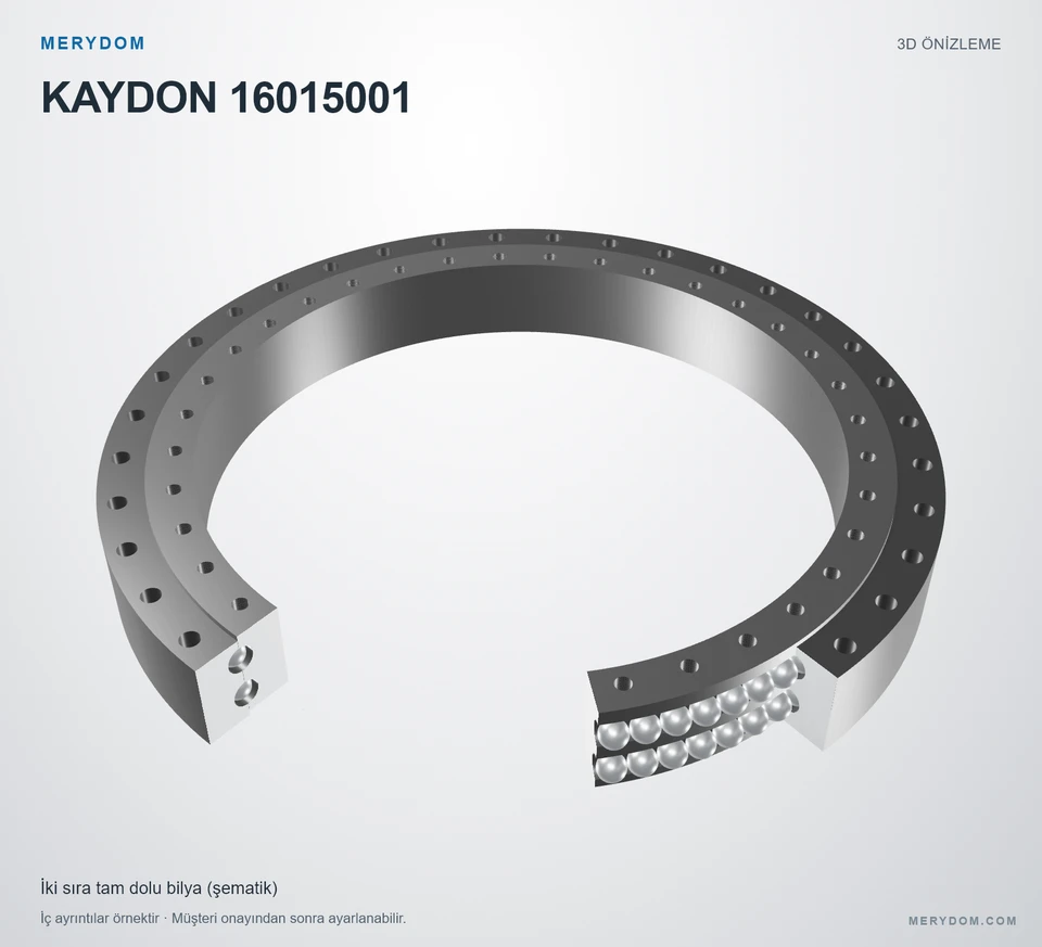 KAYDON 16015001 için MERYDOM muadil döner tabla rulmanının 3D model önizlemesi.