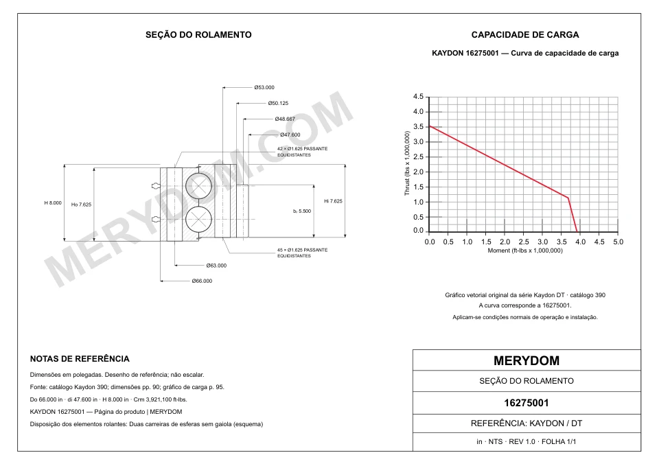 Desenho CAD do rolamento de giro de substituição MERYDOM para KAYDON 16275001, com dimensões e furos de montagem.