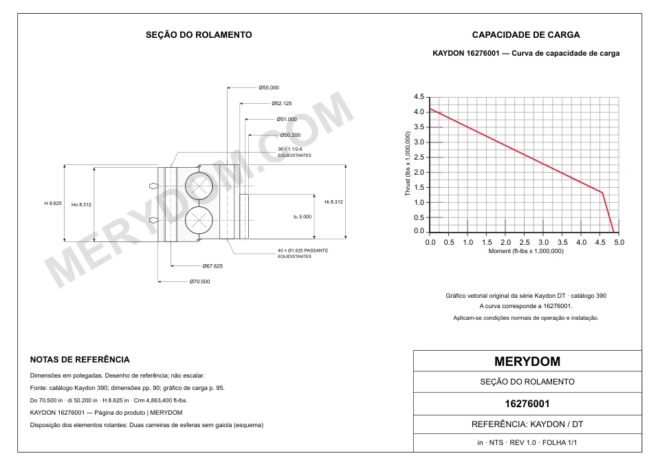 Desenho CAD do rolamento de giro de substituição MERYDOM para KAYDON 16276001, com dimensões e furos de montagem.