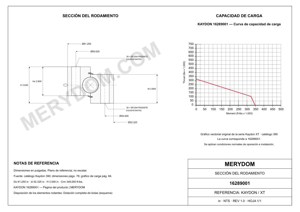 Plano CAD de la corona de giro de sustitución MERYDOM para KAYDON 16289001, con dimensiones y orificios de montaje.