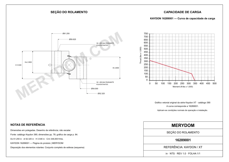 Desenho CAD do rolamento de giro de substituição MERYDOM para KAYDON 16289001, com dimensões e furos de montagem.