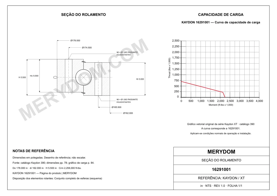 Desenho CAD do rolamento de giro de substituição MERYDOM para KAYDON 16291001, com dimensões e furos de montagem.