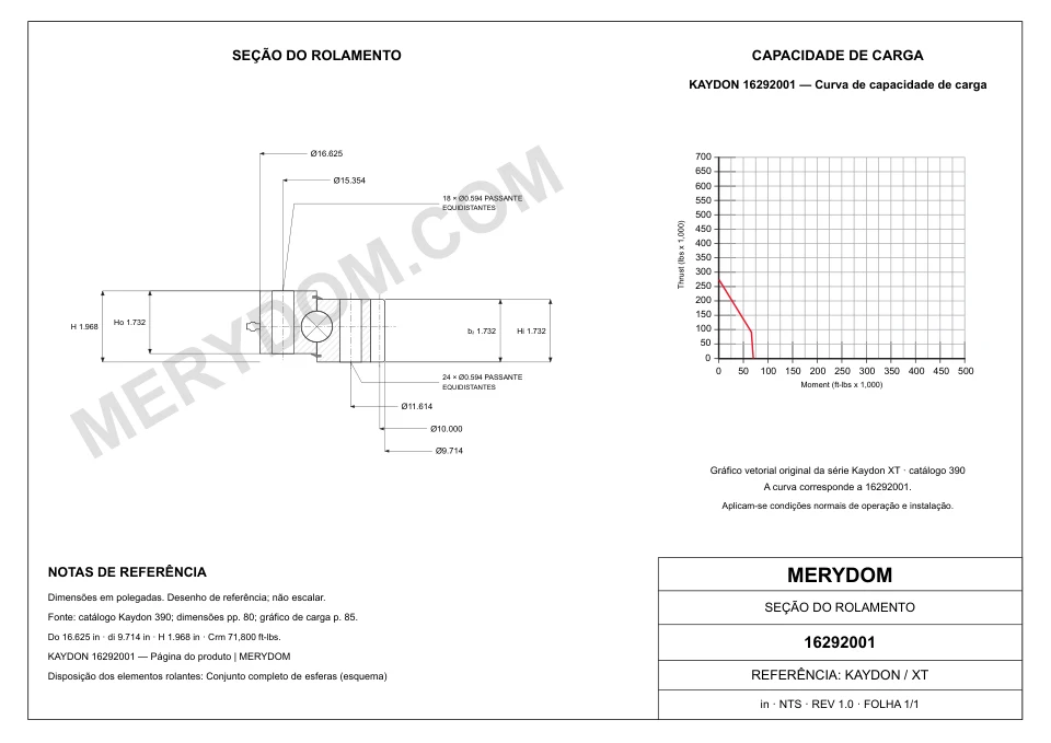 Desenho CAD do rolamento de giro de substituição MERYDOM para KAYDON 16292001, com dimensões e furos de montagem.