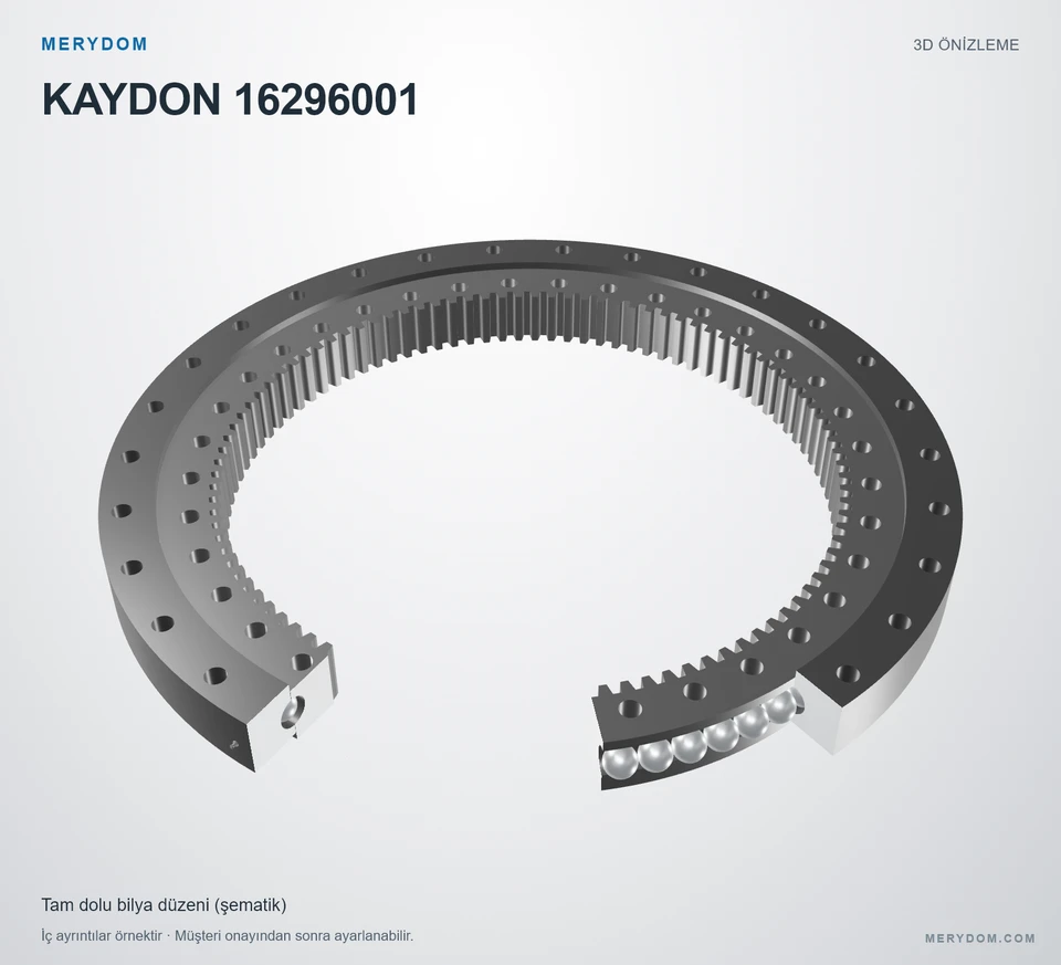 KAYDON 16296001 için MERYDOM muadil döner tabla rulmanının 3D model önizlemesi.
