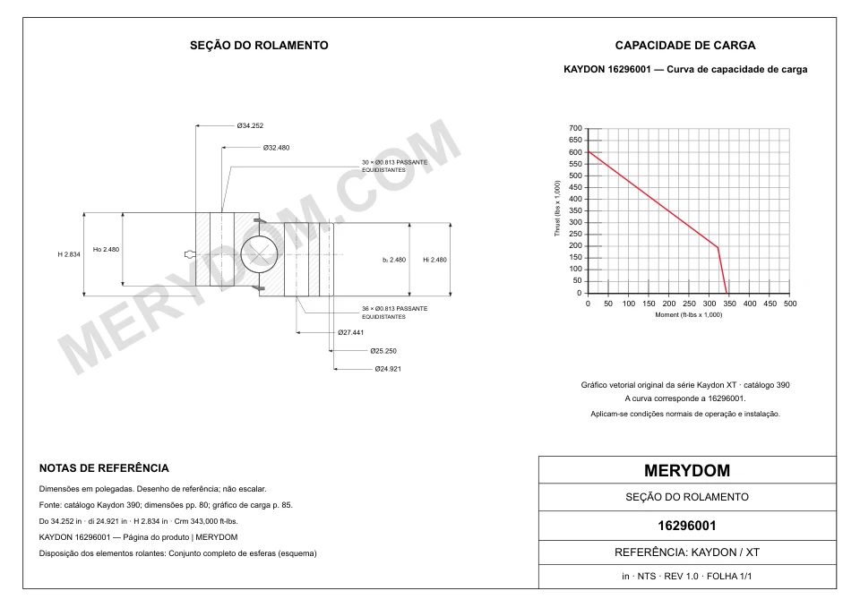 Desenho CAD do rolamento de giro de substituição MERYDOM para KAYDON 16296001, com dimensões e furos de montagem.