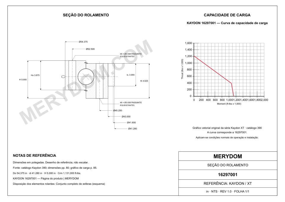 Desenho CAD do rolamento de giro de substituição MERYDOM para KAYDON 16297001, com dimensões e furos de montagem.