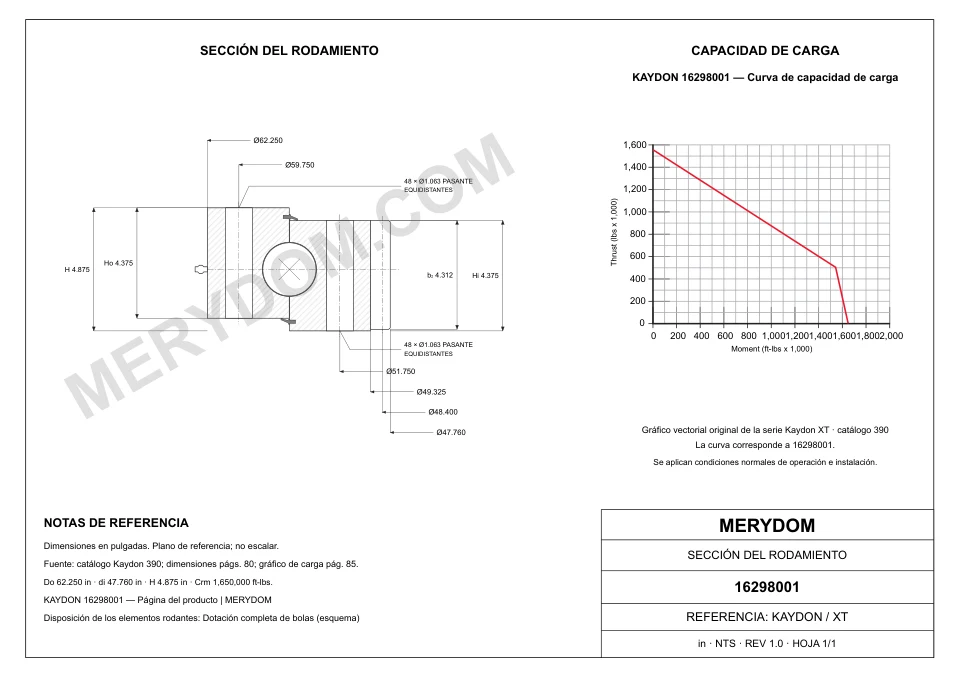 Plano CAD de la corona de giro de sustitución MERYDOM para KAYDON 16298001, con dimensiones y orificios de montaje.