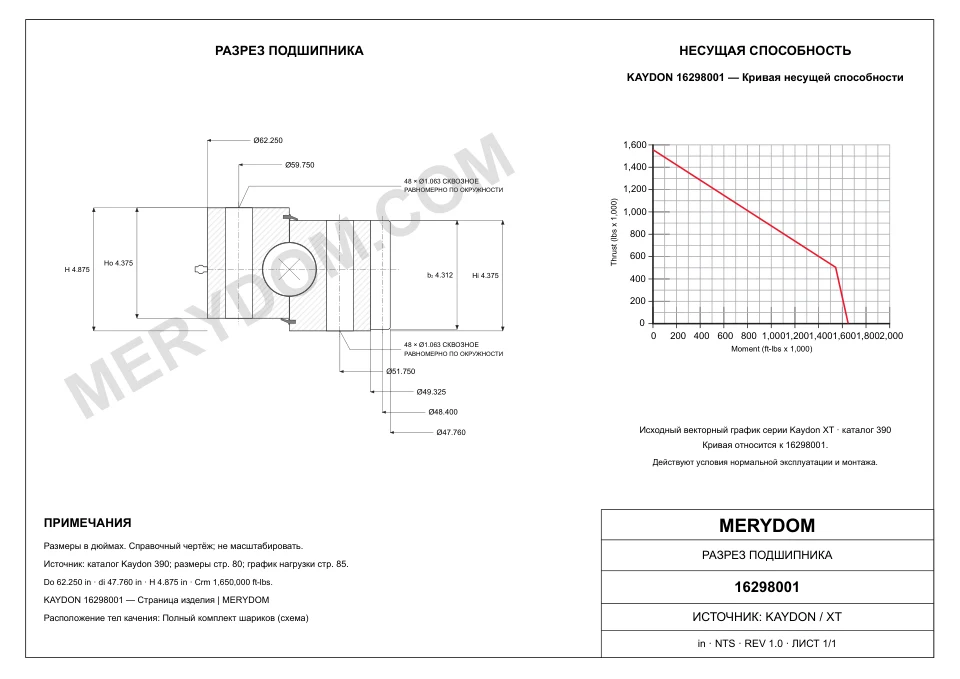 CAD-чертёж опорно-поворотного устройства MERYDOM для замены KAYDON 16298001 с размерами и монтажными отверстиями.