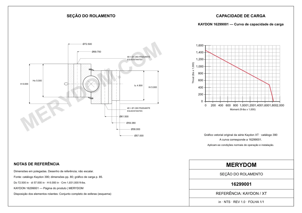 Desenho CAD do rolamento de giro de substituição MERYDOM para KAYDON 16299001, com dimensões e furos de montagem.