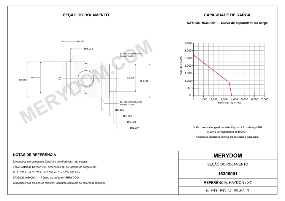 Desenho CAD do rolamento de giro de substituição MERYDOM para KAYDON 16300001, com dimensões e furos de montagem.