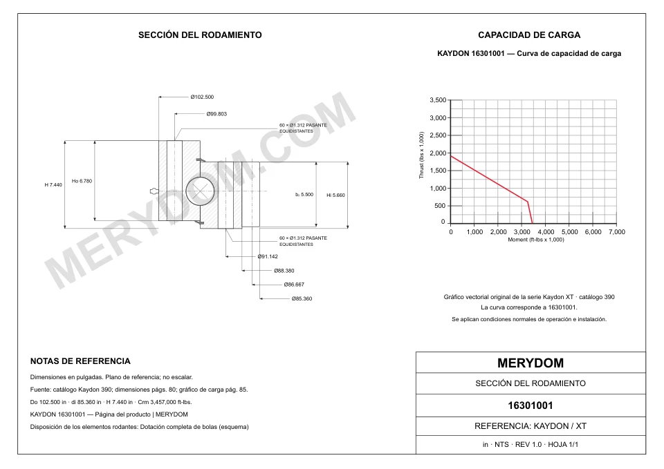 Plano CAD de la corona de giro de sustitución MERYDOM para KAYDON 16301001, con dimensiones y orificios de montaje.