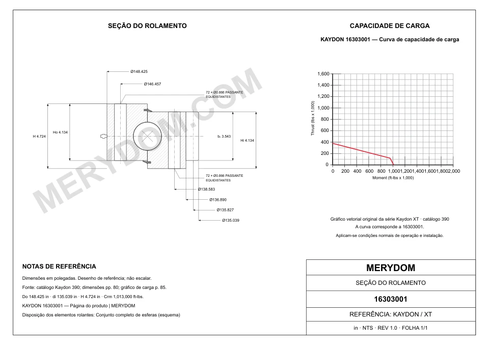 Desenho CAD do rolamento de giro de substituição MERYDOM para KAYDON 16303001, com dimensões e furos de montagem.