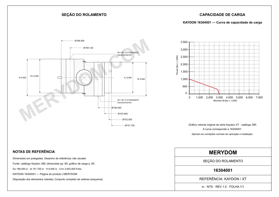 Desenho CAD do rolamento de giro de substituição MERYDOM para KAYDON 16304001, com dimensões e furos de montagem.