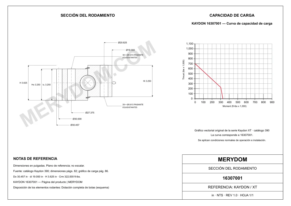 Plano CAD de la corona de giro de sustitución MERYDOM para KAYDON 16307001, con dimensiones y orificios de montaje.